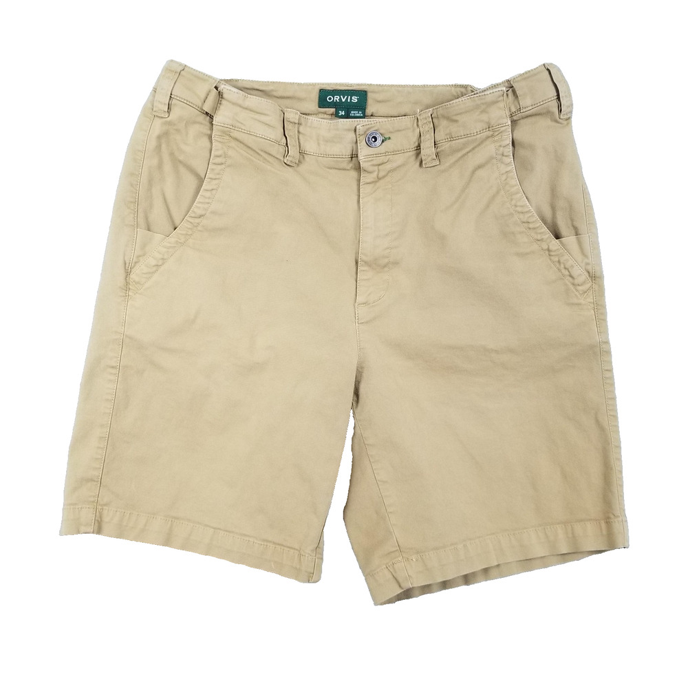 Orvis Shorts Mens 34 Khaki Tan Casual Flat Front Cotton Stretch Chino Summer